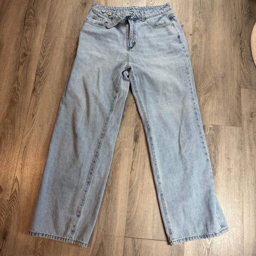 DAZY Jeans Womens XL Light Wash Blue High Rise Wide Leg‎ Belted Wide Leg Y2K